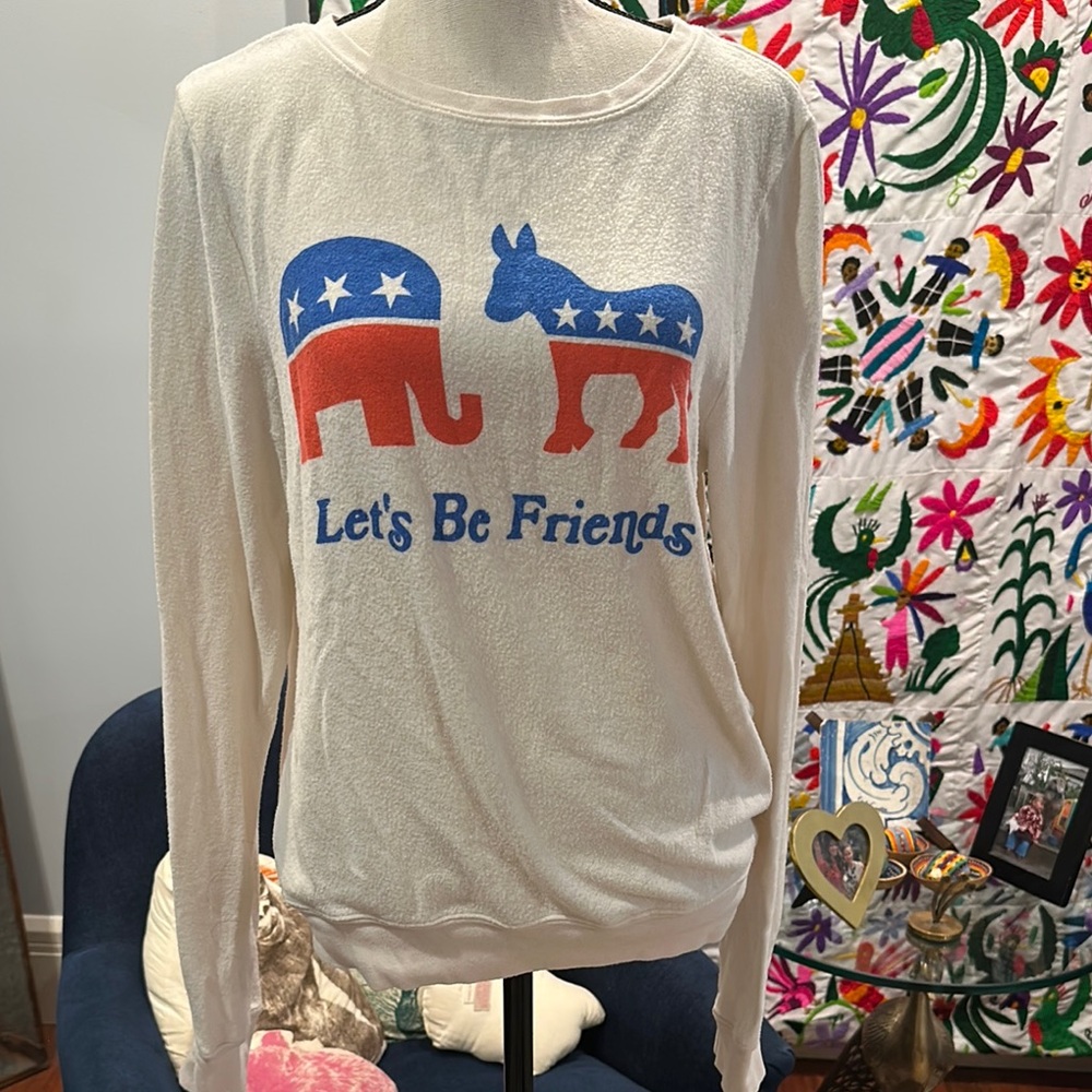 Wildfox Cream "Let's Be Friends" Graphic Pullover with Red & Blue Motif